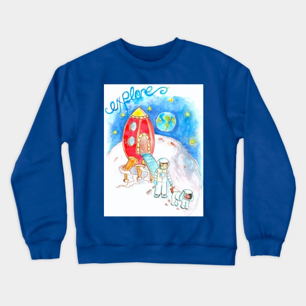 Boy and Dog on the moon Crewneck Sweatshirt by StephaniePerryArt